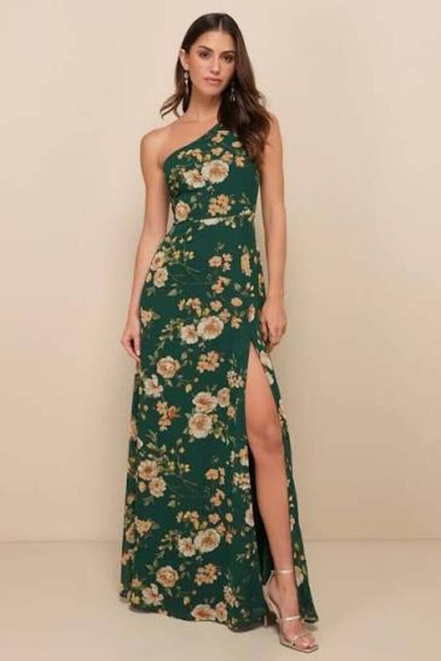 LULU'S Elegant Admiration Emerald Green Floral One-Shoulder Maxi Dress Size XL